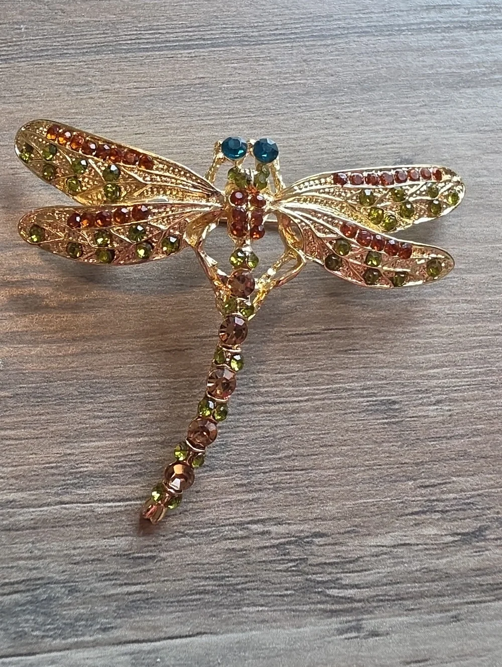 Gold-Tone Dragonfly Brooch with Green and Amber Crystals